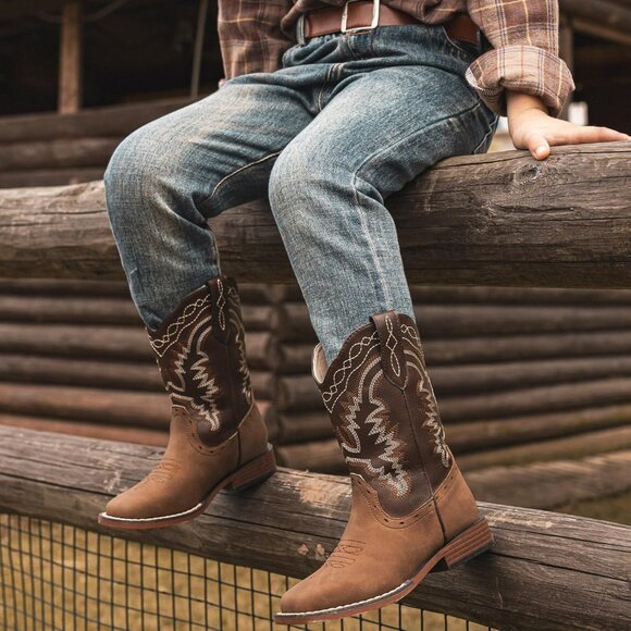 ⚡Kid Brown/Tan Synthetic Cowboy Western Riding Shoes Square Toe Wide Calf Boot - Picture 8 of 8